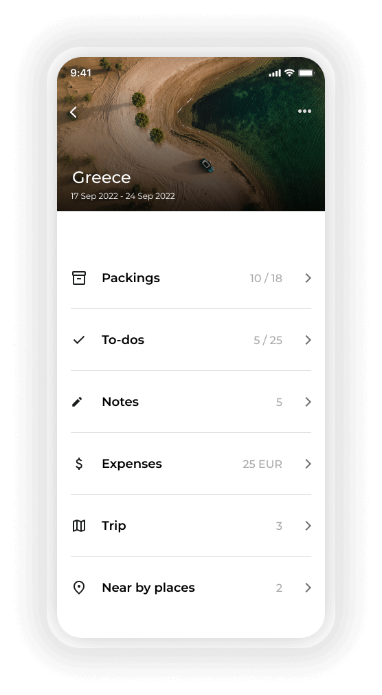 CheckandPack app showing trip details